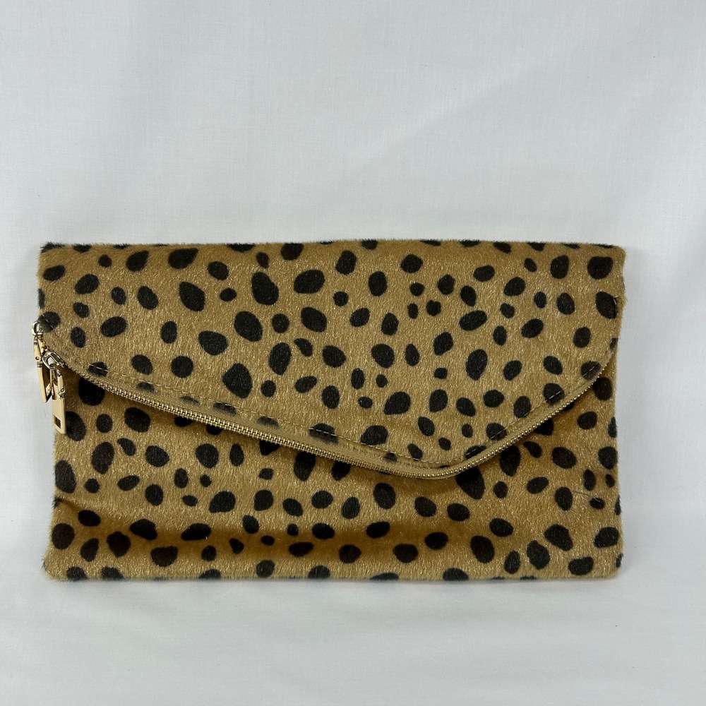 Y2K Leopard Print Calf Hair Foldover Clutch Bag Gold Hardware